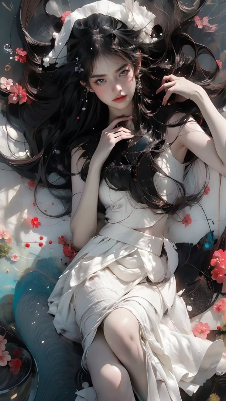 1girl, a Korean girl and Korean boy band, wearing a white gauze skirt, real-life fantasy photos, exquisite faces, the water surface splits two pictures, clearly photographing the underwater scenery of the characters, luminous particles fill the entire picture, starlight skirt, held up from the water The bride is getting up, the bride is smiling happily and has bright blue eyes,underwater,yushui,ink painting
