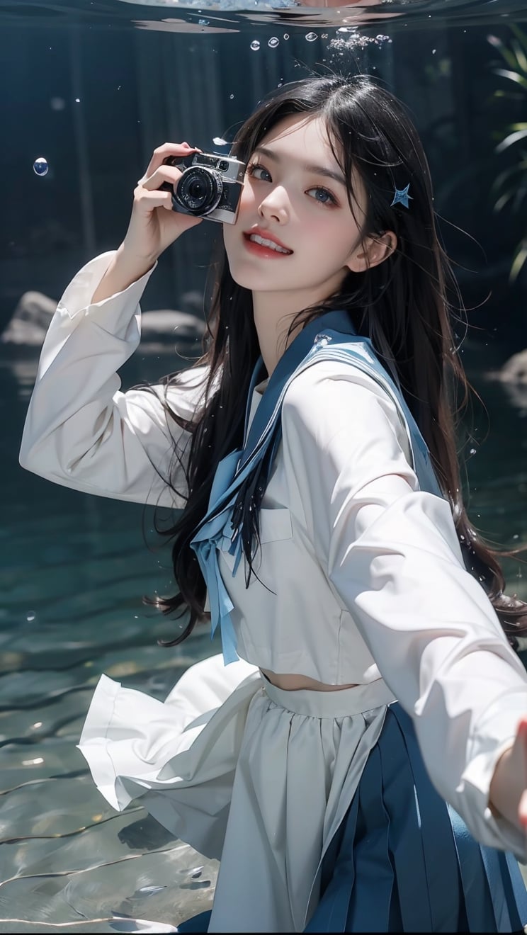 1girl, a Korean girl and Korean boy band, wearing a white gauze skirt, real-life fantasy photos, exquisite faces, the water surface splits two pictures, clearly photographing the underwater scenery of the characters, luminous particles fill the entire picture, starlight skirt, held up from the water The bride is getting up, the bride is smiling happily and has bright blue eyes,underwater,yushui,ink painting