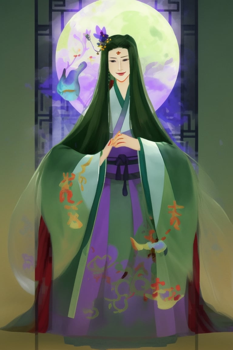 Stained glass style, disney, watercolor illustration, yuletide, fantasy vibes, dark background, portrait, skinny woman, the moon, moon dress, moon jewelry, purple long hair, big smile,glass art,Pixel art,ASU1,china art,娆х編鍗￠��