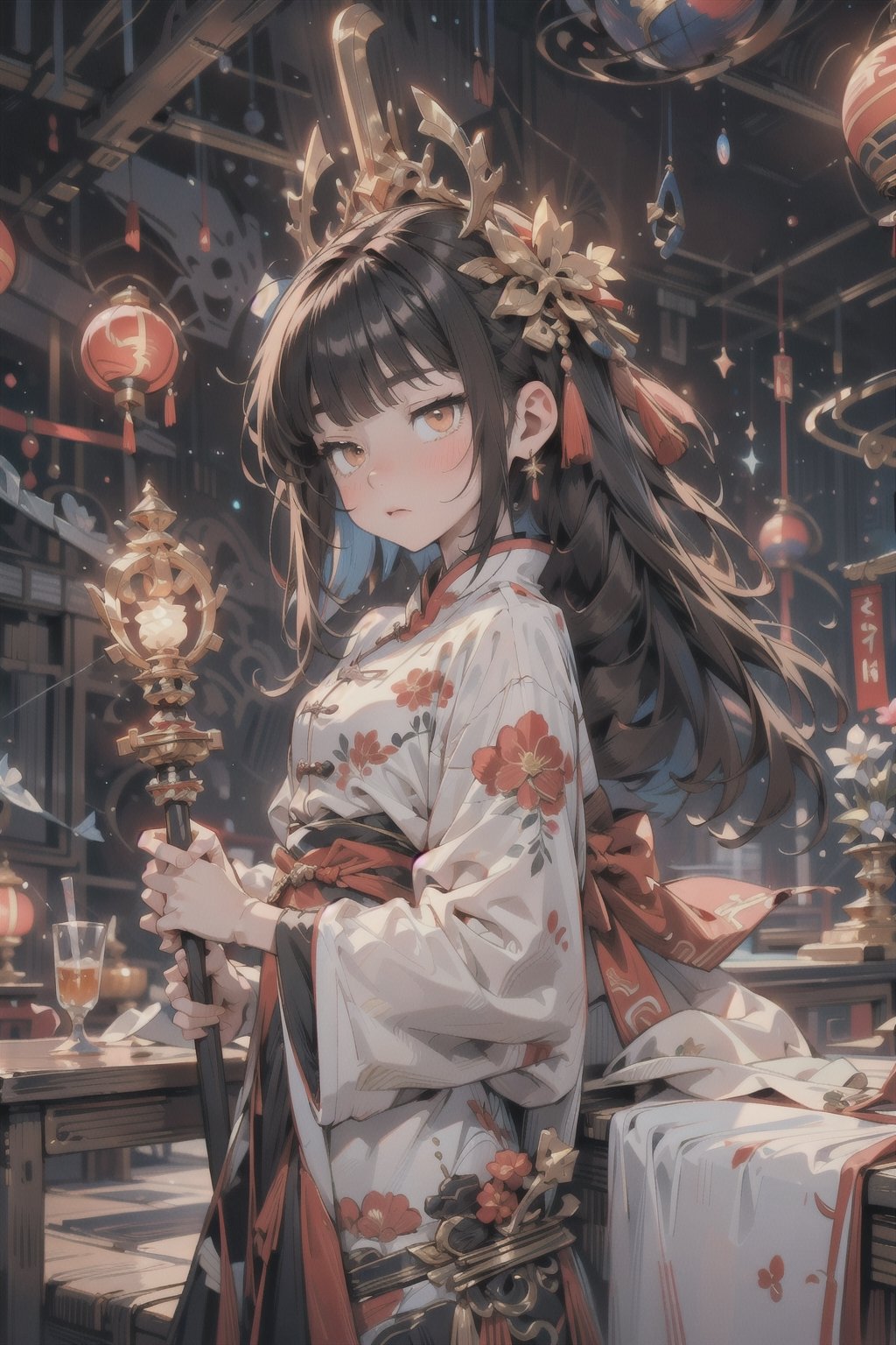 A girl wearing Chinese clothes, long fantasy-coloured hair, orange eyes holding a white sceptre with a sphere surrounding the sceptre, in a galaxy of planets,midjourney,ASU1