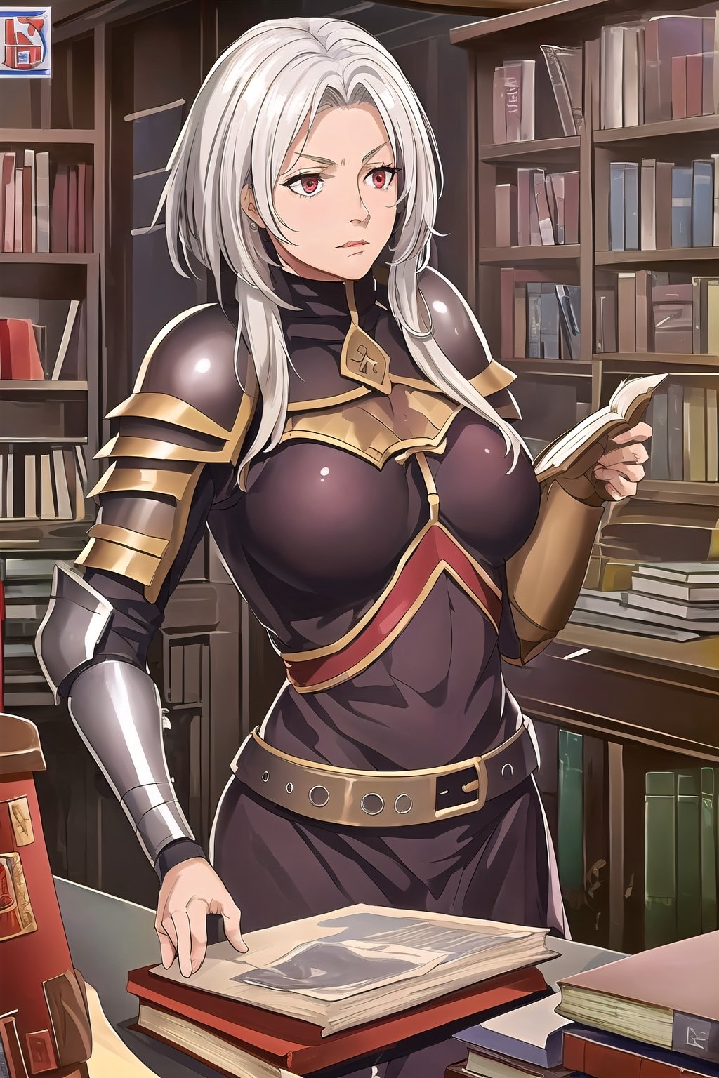 a very wise old woman with ancient armor and books