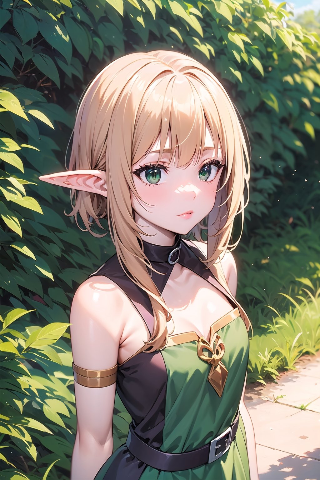 a half-human, half-elf girl, with white skin, green eyes, and wearing a long dress and a bow.