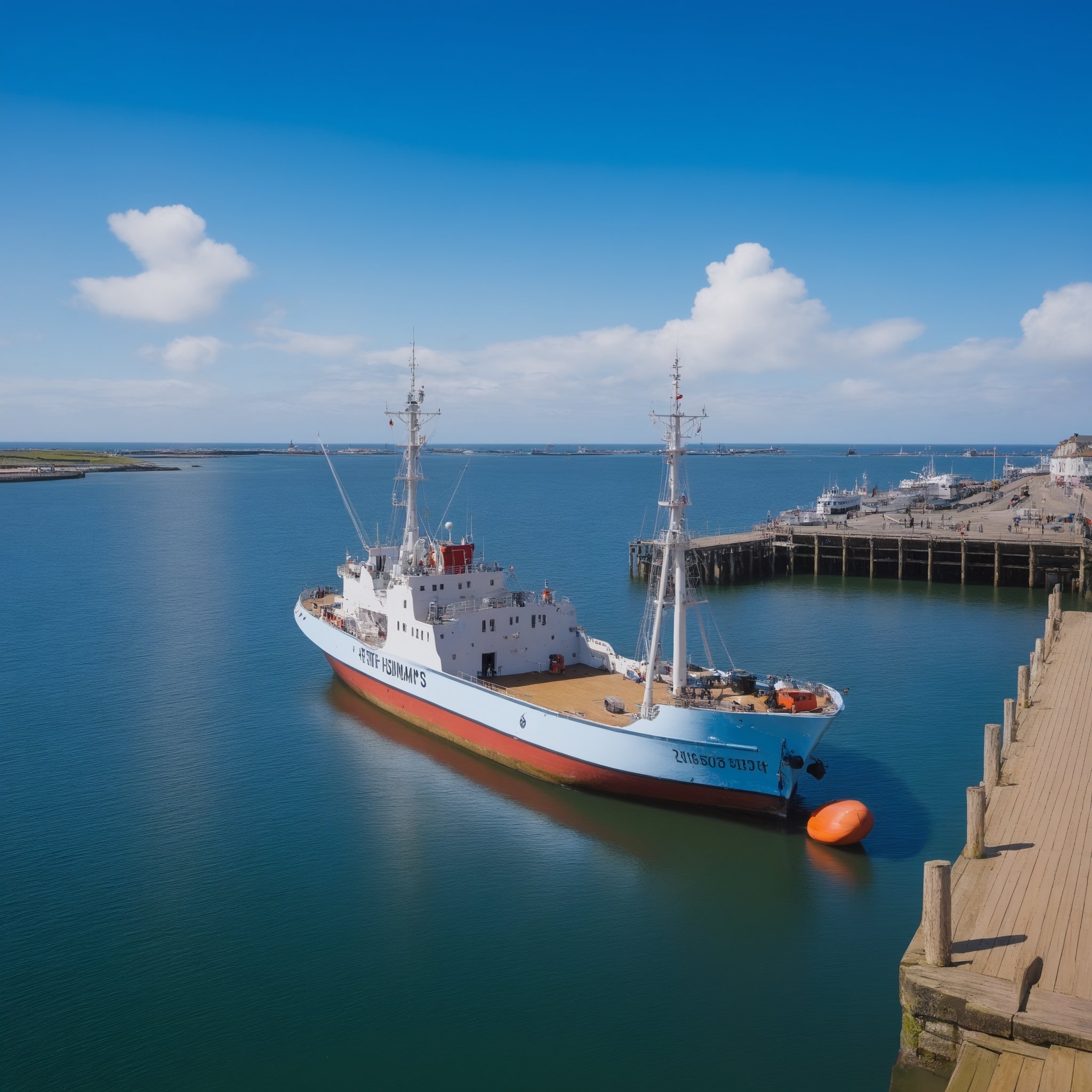 outdoors, sky, day, cloud, water, english text, blue sky, no humans, ocean, watercraft, ship, boat, warship, pier, dock, a fishing boat docked at a pier.