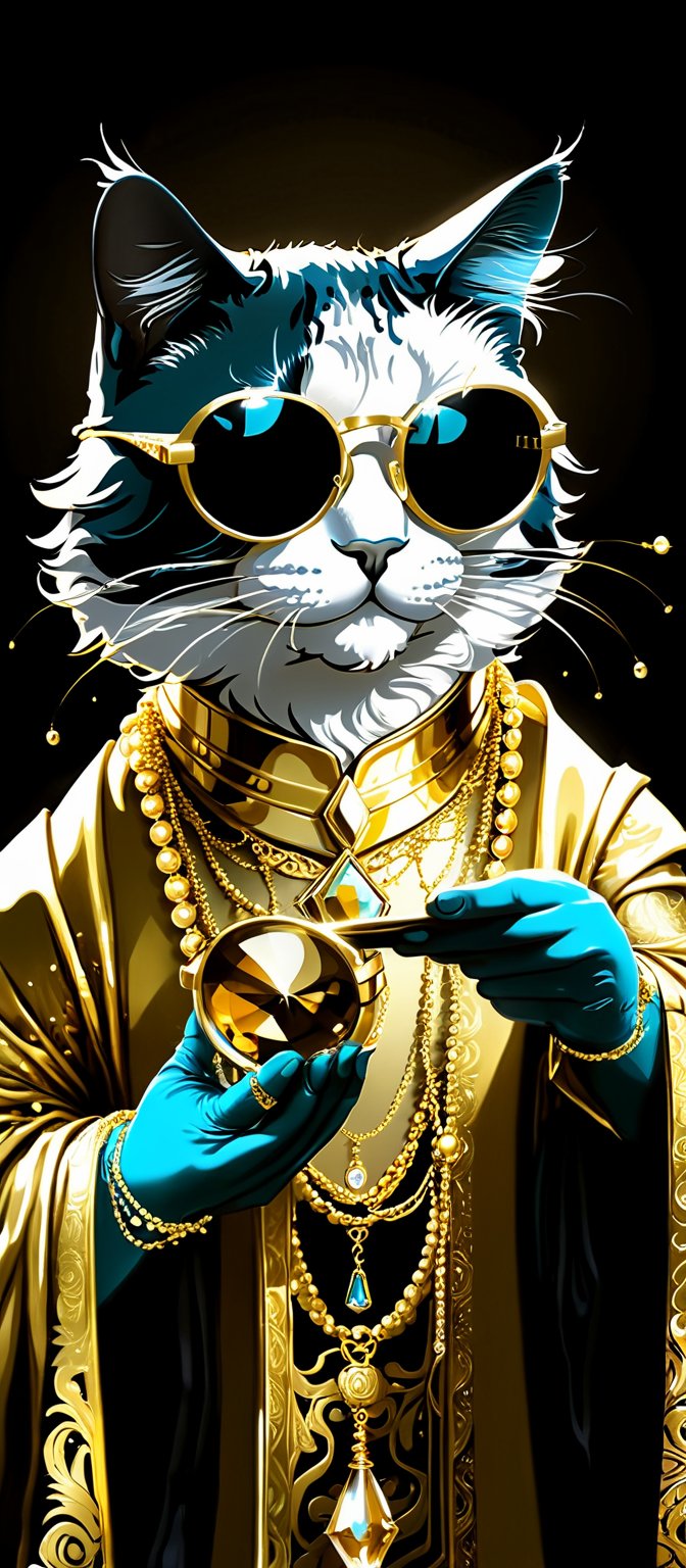 long hair cat man, A closeup of fantastical image of a cat man wear glasses and wears a gold-plate dress, black glasses, clad in flowing, flowing full gold-plate dress, wielding an jewellery ornate, ornate jewellery, Their face are filled with power and determination, as they wield the jewellery n a fluid, holding glasses to face, in a gold-plated room, looking at viewer, dynamic motion,