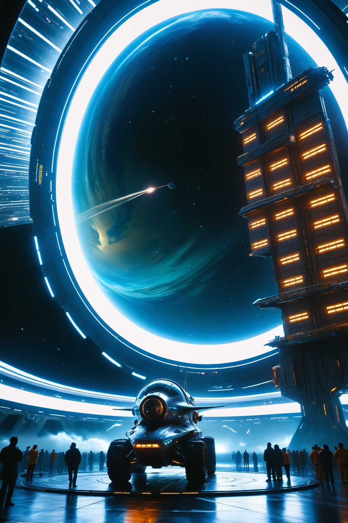 ,,zhongbai,a massive space station,there is a spaceship docked in the space dock,prepare to set sail,cyberpunk,future city,(Ultra-realistic 8k CG:1.2),masterpiece,best quality,(photorealistic:1.3),absurdres,RAW photo,extremely detailed,science fiction,no humans,holographic projection billboard,spacecraft,space,front view,realistic,from_side,metallic,beautiful shadows,wide_shot,(metallic luster:1.3),Cinematic Lighting,rim light,