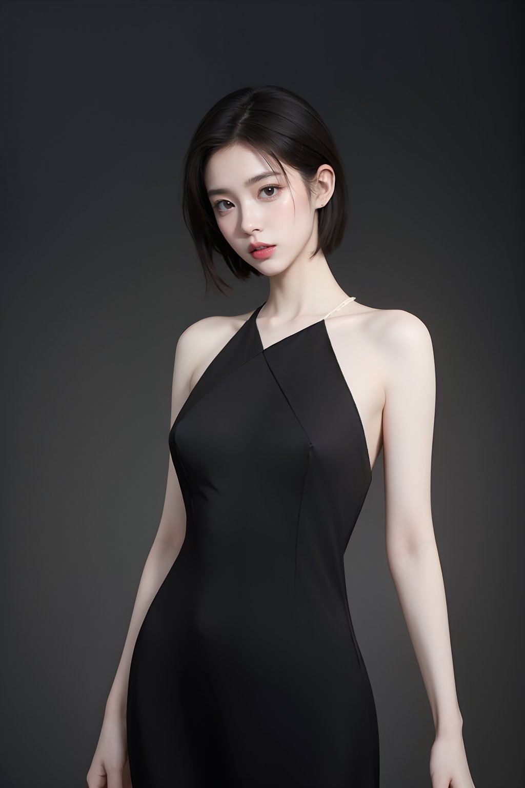 90’s Japanese film poster style, (masterpiece),(Satomi) , perfect anatomy, ((modern fashion one-piece dress)), dim light, muted color, (ultra detailed background of modern interior in a dark black room) ,(short hair),Sexy,girl,perfect,Enhance, FUJI, Satomi