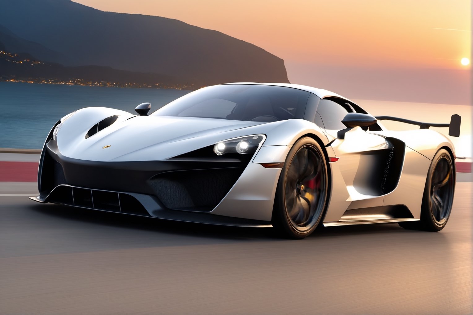 hyper cars, in the road, sea, silver paint, sunset, front view, (masterpiece, best quality, highly detailed) 