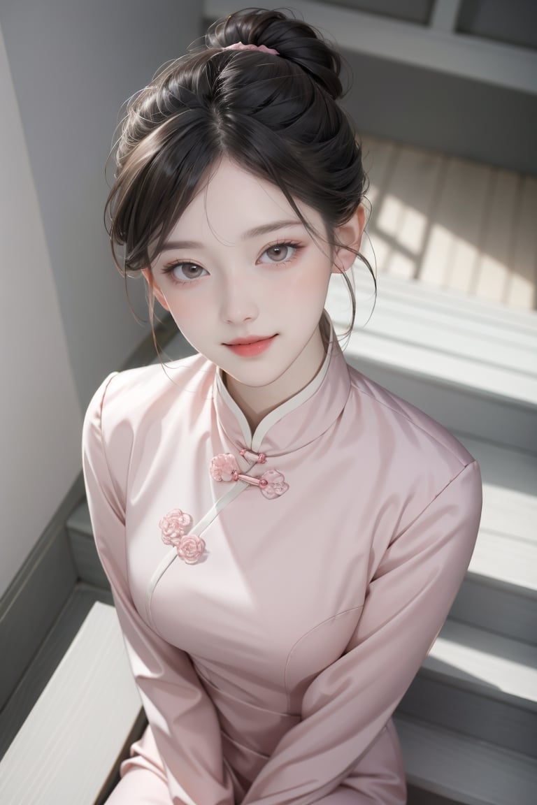 masterpiece, best quality, absurdres, illustration,
1girl, solo, smile, blush, looking at viewer, looking up, from above, chinese clothes, pink dress, long sleeves, brown eyes, black hair, bangs, hair bun, , lips, foreshortening, ribbon, stairs,