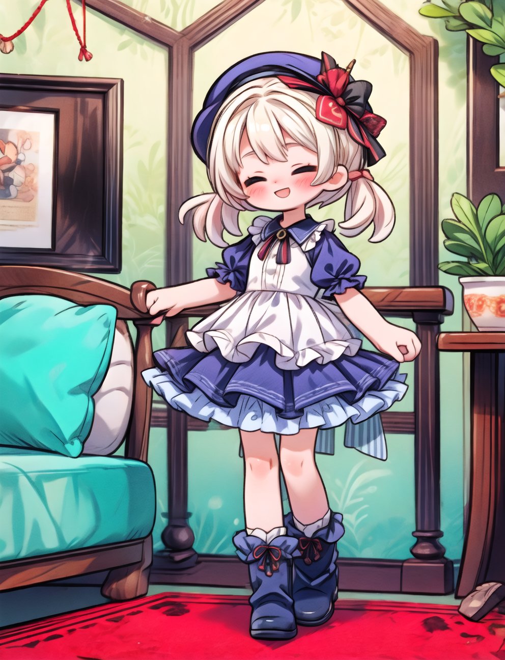 score_9, score_8_up, score_7_up, score_6_up, score_5_up, score_4_up, BREAK, source_anime,
room, indoor, toon, ratong_safe

1 girl, dress, wearing cute dress, boots, ((frilled dress)), blush, nervous smile, open eyes, wearing green dress, beautiful, full body, hat, dinamic pose, long dress, black boots, (frilly skirt), striped socks
