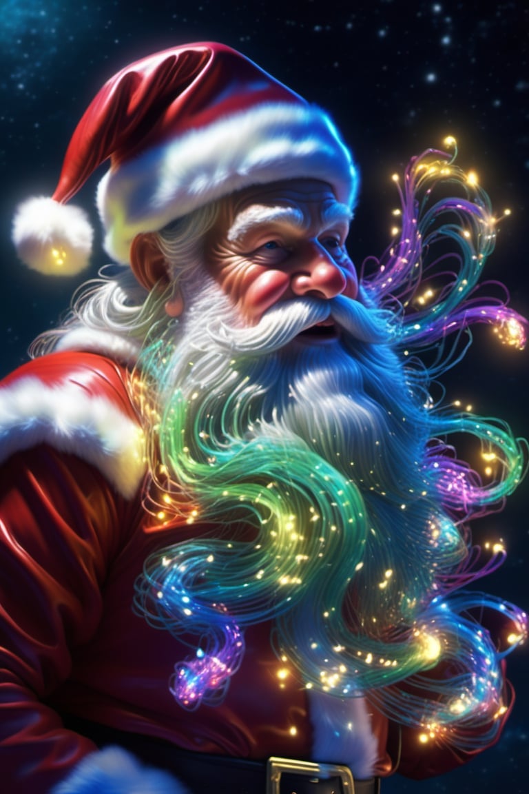 Realistic,  high resolution, a mesmerizing display of bioluminescent brilliance, Santa Claus bends over and releases a big fart that emerges glowing with vibrant hues that dance and swirl like illuminated ribbons. 