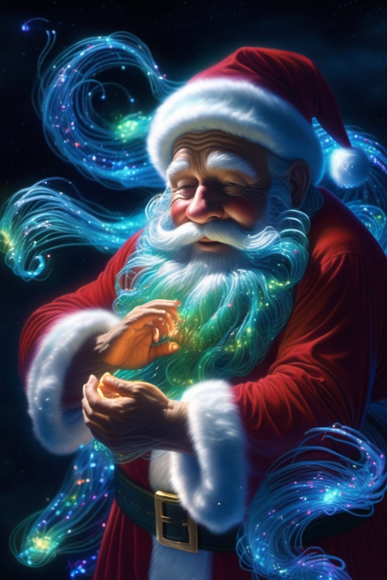 Realistic,  high resolution, a mesmerizing display of bioluminescent brilliance, Santa Claus releases a big fart that emerges glowing with vibrant hues that dance and swirl like illuminated ribbons. 