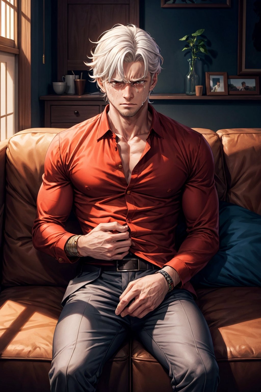 (masterpiece), best quality, high resolution, highly detailed, detailed background, perfect lighting, A 30 year old male, white hair, handsome, narrowed sad brown eyes, clenched lips, Gokureda Hayato, heartbroken, crying, devastated, clenched hands, dark grey suit with red shirt, couch,1guy