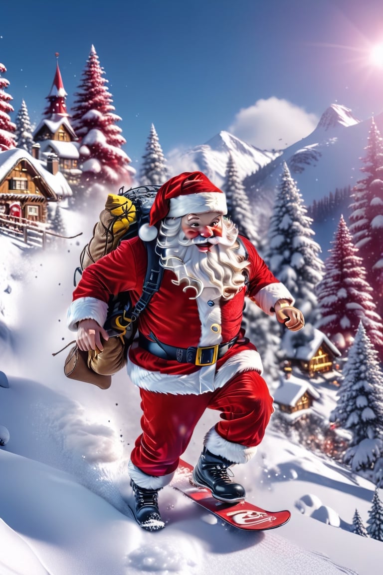 Santa snowboarding down the mountain, snowing, pine trees, red suit, red hat, presents flying everywhere, detailed, 8K, winter wonderland, vivid color,santa_dress