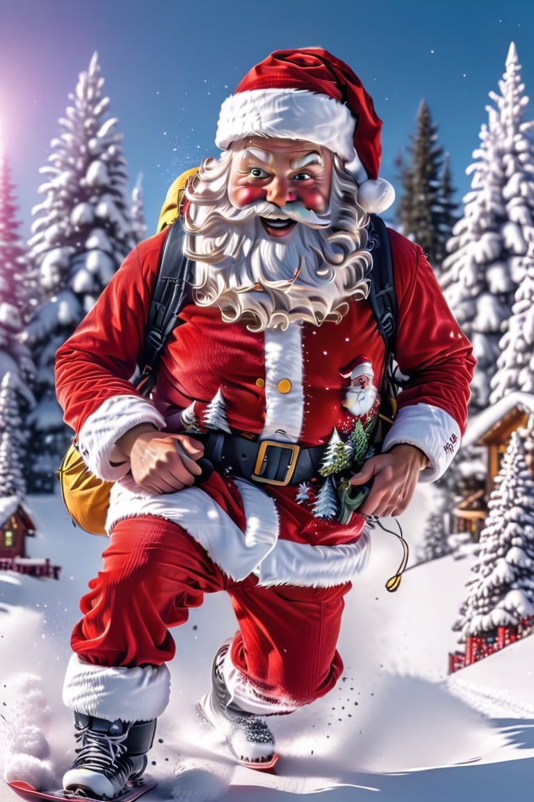 Santa snowboarding down the mountain, snowing, pine trees, red suit, red hat, presents flying everywhere, detailed, 8K, winter wonderland, vivid color,santa_dress
