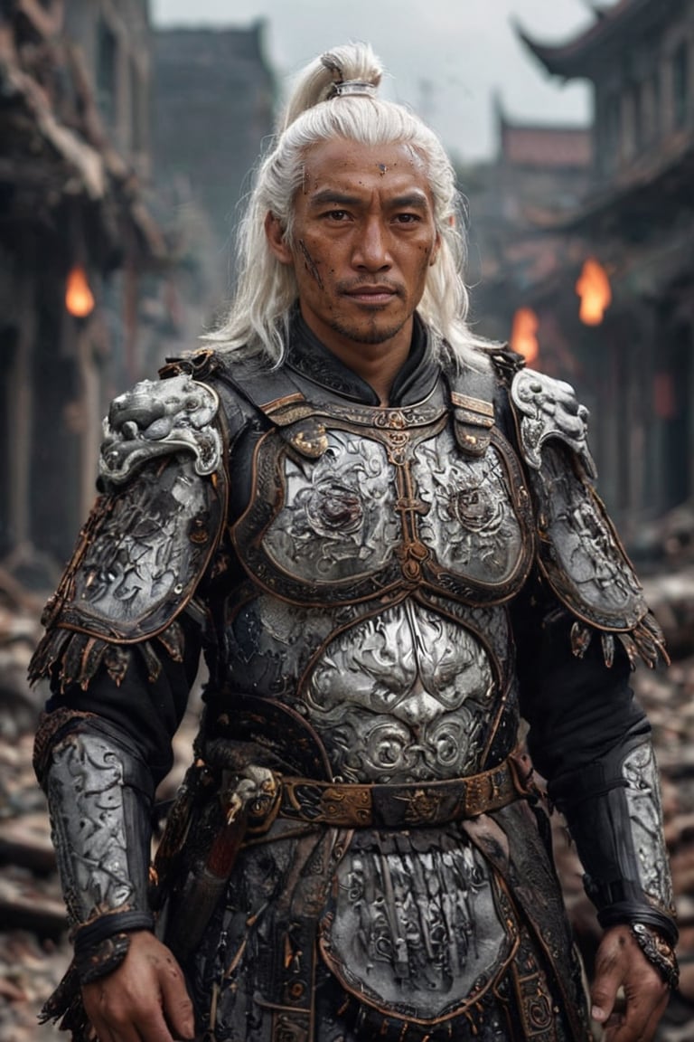 masterpiece, Indonesian man white hair, with a sharp gaze, messy, shabby, torn, Sparks, light focuses on an object , destroyed city background, gothic vibes, intricate detail, depth of field, ultrasharp, 4k, Chinese_armor,more detail XL