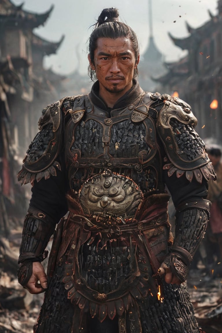 masterpiece, Indonesian man uppercut hair, with a sharp gaze, messy, shabby, torn, Sparks, light focuses on an object , destroyed city background, gothic vibes, intricate detail, depth of field, ultrasharp, 4k, Chinese_armor,more detail XL