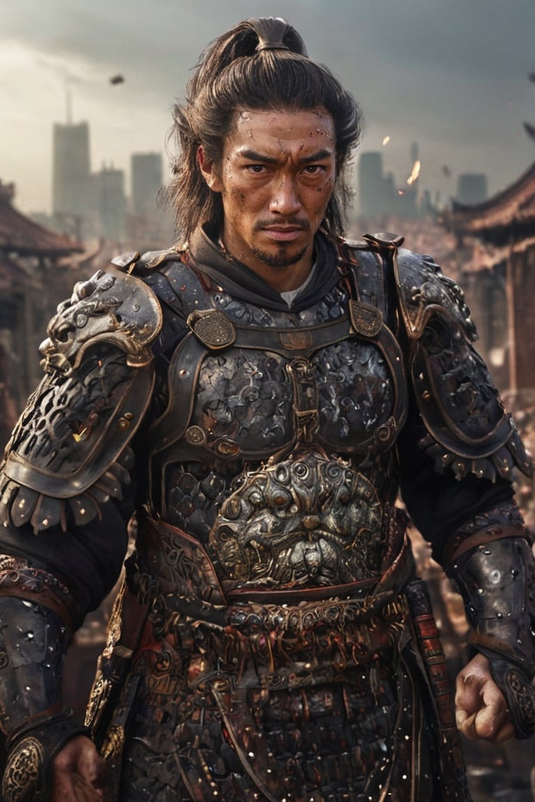 masterpiece, Indonesian man uppercut hair, with a sharp gaze, messy, shabby, torn, Sparks, light focuses on an object , destroyed city background, gothic vibes, intricate detail, depth of field, ultrasharp, 4k, Chinese_armor,more detail XL