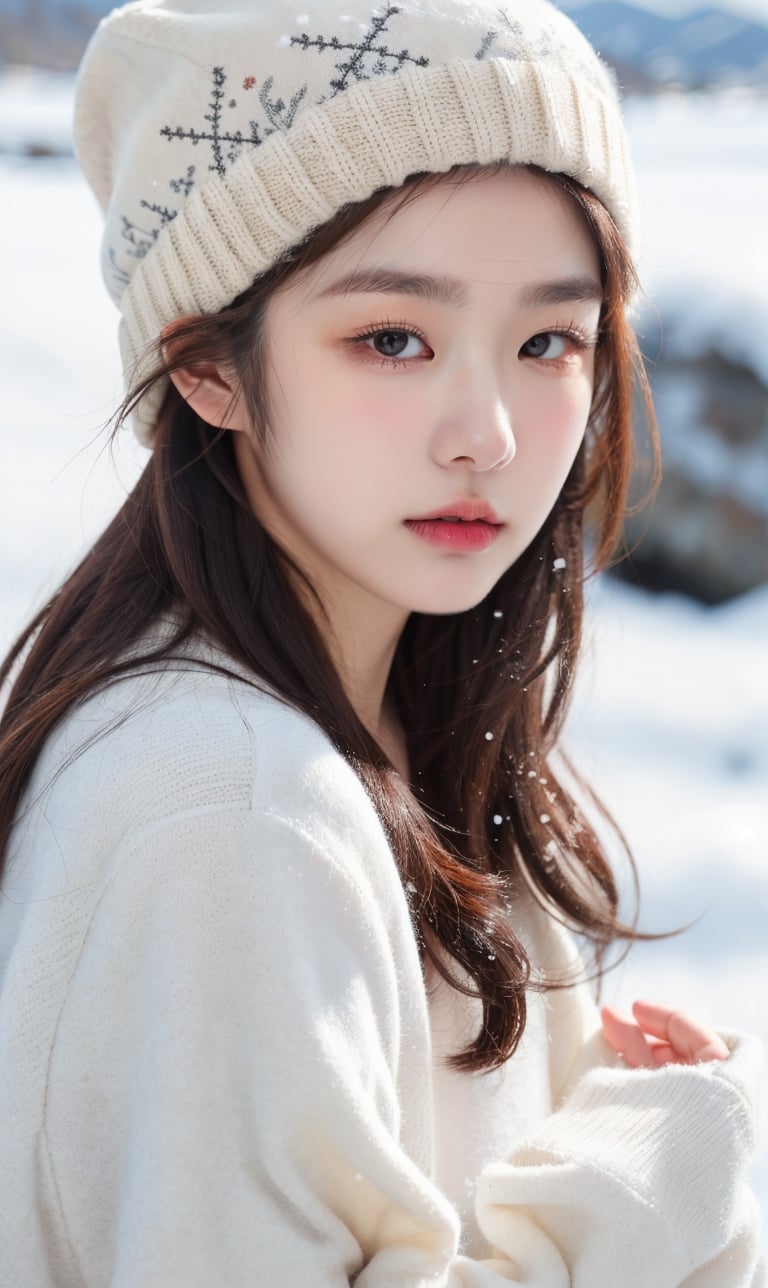 cute girl, winter jacket,wool hat, RAW photo, realistic, masterpiece, best quality, beautiful skin,
snowy mountains background, 50mm, close up shot, goyoonjung, outdoor, photography, Portrait