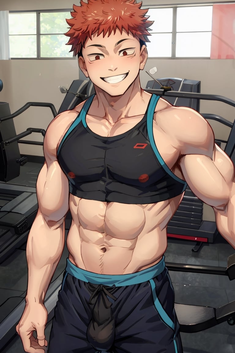 (masterpiece, best quality:1.2),Femboy,itadori yuuji,smiling, croptop, gym scene,solo,1male,Male Focus,otoko_no_ko,cute,