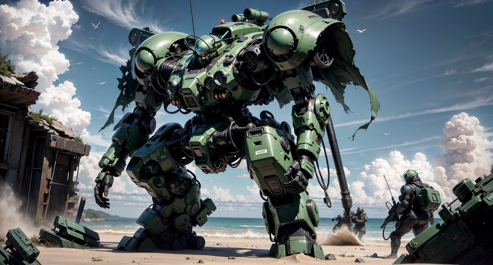 In a post-apocalyptic landscape, a lone Zaku Patrol unit, its armor battered and camouflaged, navigates the sandy dunes of a long-abandoned beach. Its mission: to eliminate any remaining signs of resistance. As it approaches a crumbling middle bridge, it spots a cluster of overgrown plants hiding another, larger mech. The Zaku readies its futuristic Tomson gun, gripping it tightly, preparing for battle. With a deafening roar, it opens fire on the concealed machine, sending metal shards and sand flying in every direction. The other mech, caught off guard, tries to retaliate but is no match for the skilled Zaku. As the battle rages on, the Zaku's armor begins to show signs of wear and tear. However, it remains determined to complete its mission, relentlessly shooting at the other mech until it finally falls silent. Victory is achieved, but at a great cost. The once-proud Zaku now lies wounded on the sandy shore, its armor dented and its systems failing. The sound of the ocean waves crashing against the shore serves as a haunting reminder of the world that once was.