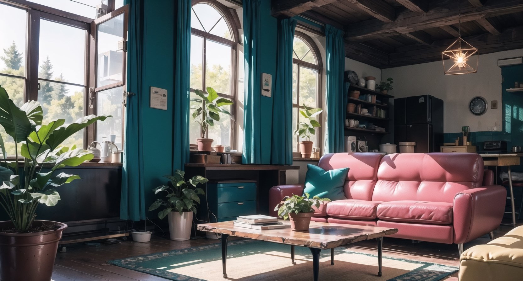  In a cozy, rustic living room, (retro-futuristic control panel). The (living room) is furnished with vintage (1950s-inspired furniture), and adorned with (nostalgic decorations). A (DeLorean) time machine rests in the corner, its (flux capacitor) glowing softly. The (sky outside) is a deep shade of (indigo), (stars twinkling overhead). A (pink neon sign) hangs on the wall, proclaiming "GROOVY!". A (potted plant) sits on the (coffee table), its leaves (glowing green).  