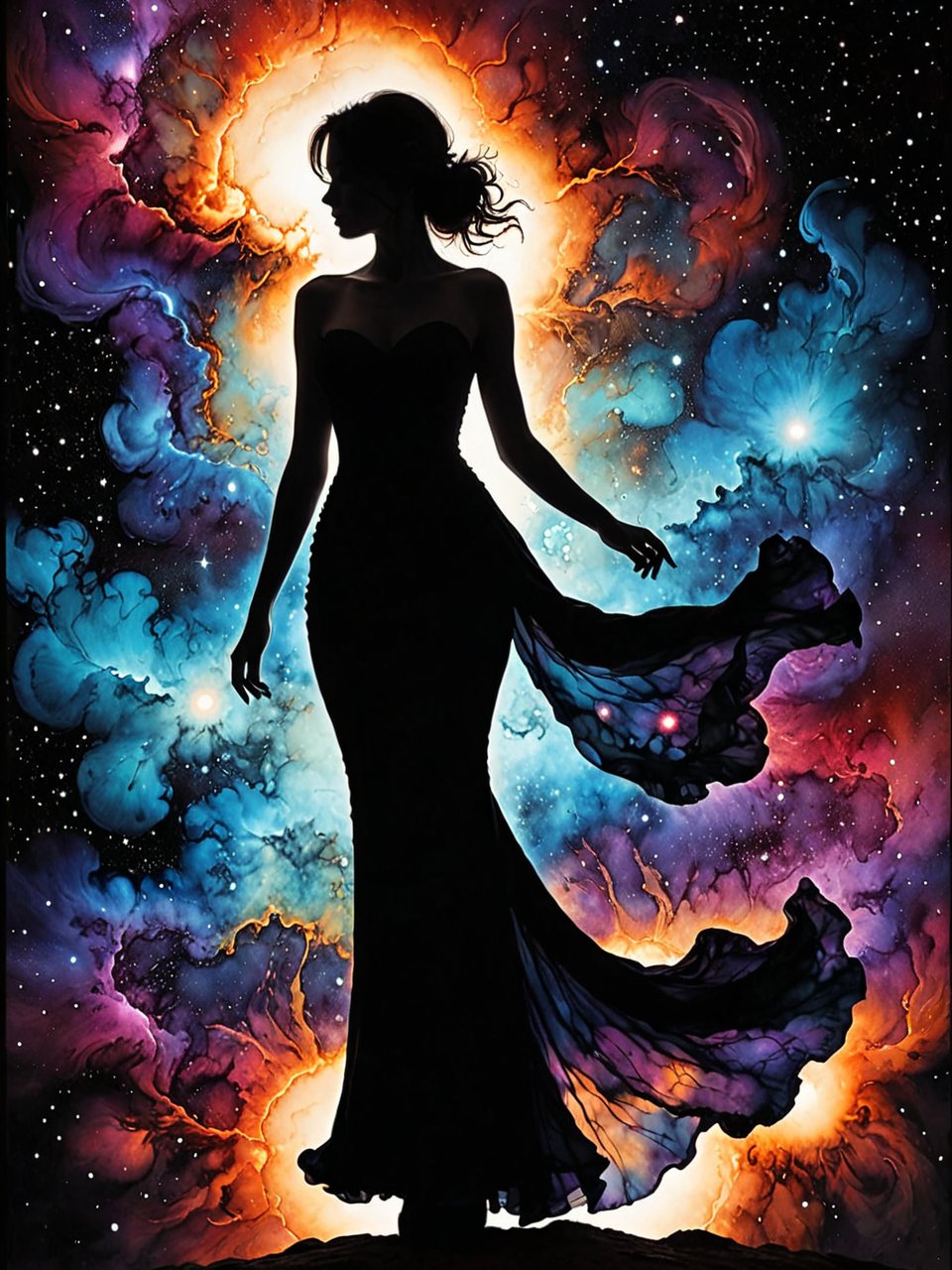 Silhouette Art, hyperrealistic art breathtaking a lineart (nebula alcohol ink sketch). [magnificent, shiny, intriguing weirdness, faetastic extravaganza, mystery of darkness, unusual natural aesthetics, glossy].
award-winning, professional, highly detailed . extremely high-resolution details, photographic, realism pushed to extreme, fine texture, incredibly lifelike, high contrast, well defined, Silhouette of girl wearing fitted evening dress, Silhouette Art.