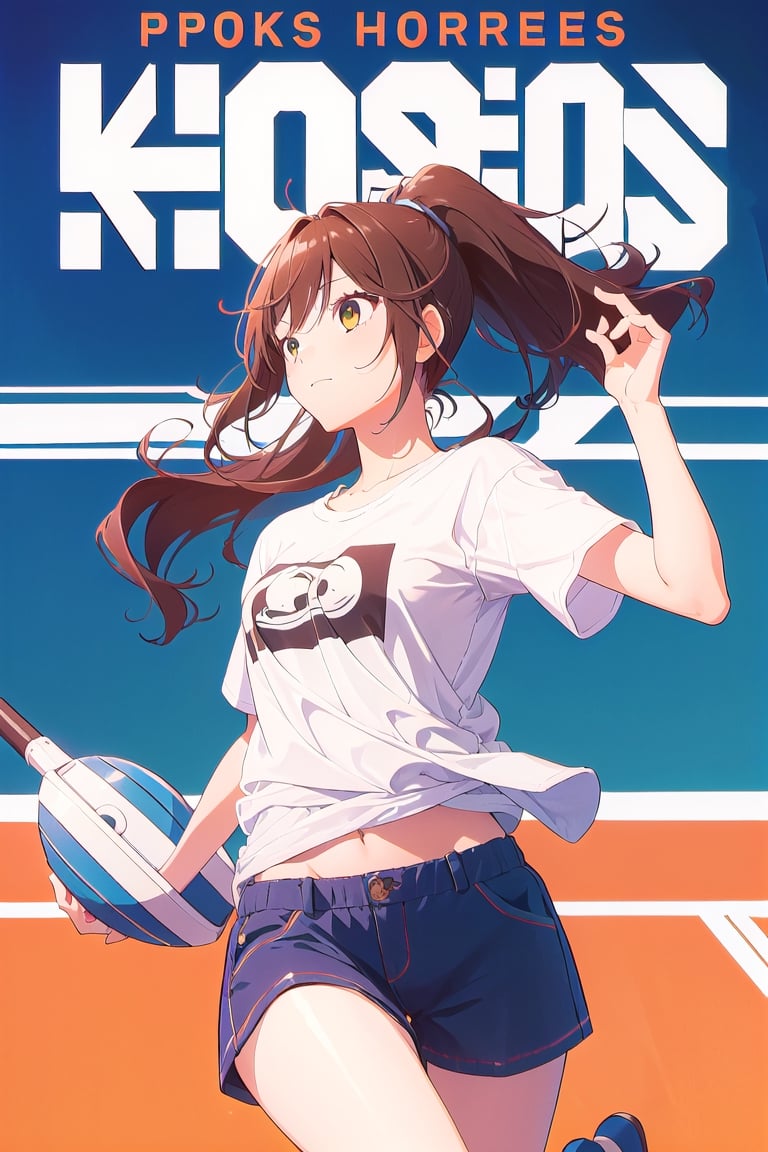 1girl,hori kyouko,25 years old,ponytail, sport t-shirt, sport short, 
looking_at_camera, 
conceited, modeling pose, modeling,photostudio, ,magazine cover, foreground,
showing her outfit