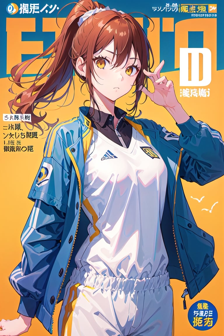1girl,hori kyouko,25 years old,ponytail, sportswear, 
large sports suit, jacket, piluso,
looking_at_viewer,
serious, modeling pose, modeling, ,magazine cover,
showing her outfit, 
