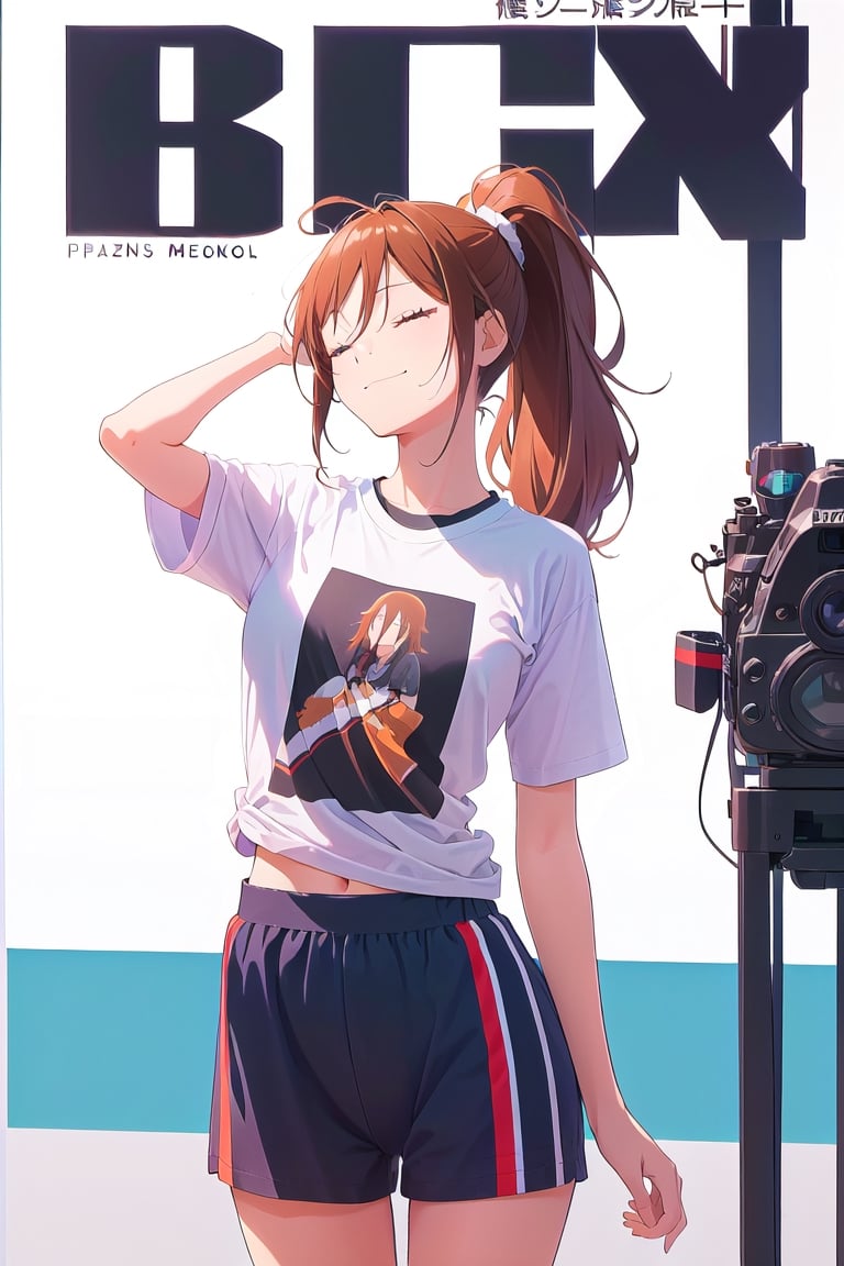 1girl,hori kyouko,25 years old,ponytail, sport t-shirt, sport short, 
looking_at_camera, 
conceited, modeling pose, modeling,photostudio, ,magazine cover,view from the chest up, foreground,
showing her outfit, smug, 
half-closed eyes