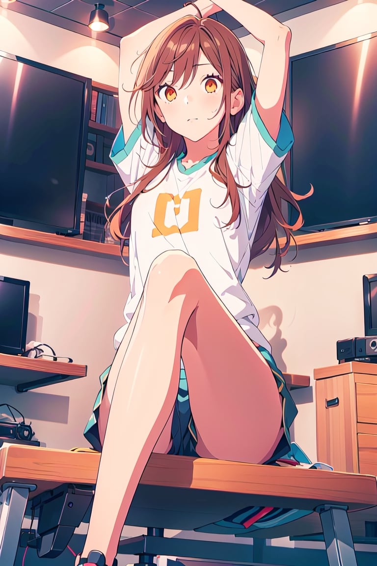 1girl,hori kyouko, full_body, sport t-shirt, sport short, 
looking_at_camera, seducing, sitting, stretching his shirt, from below, TV studio