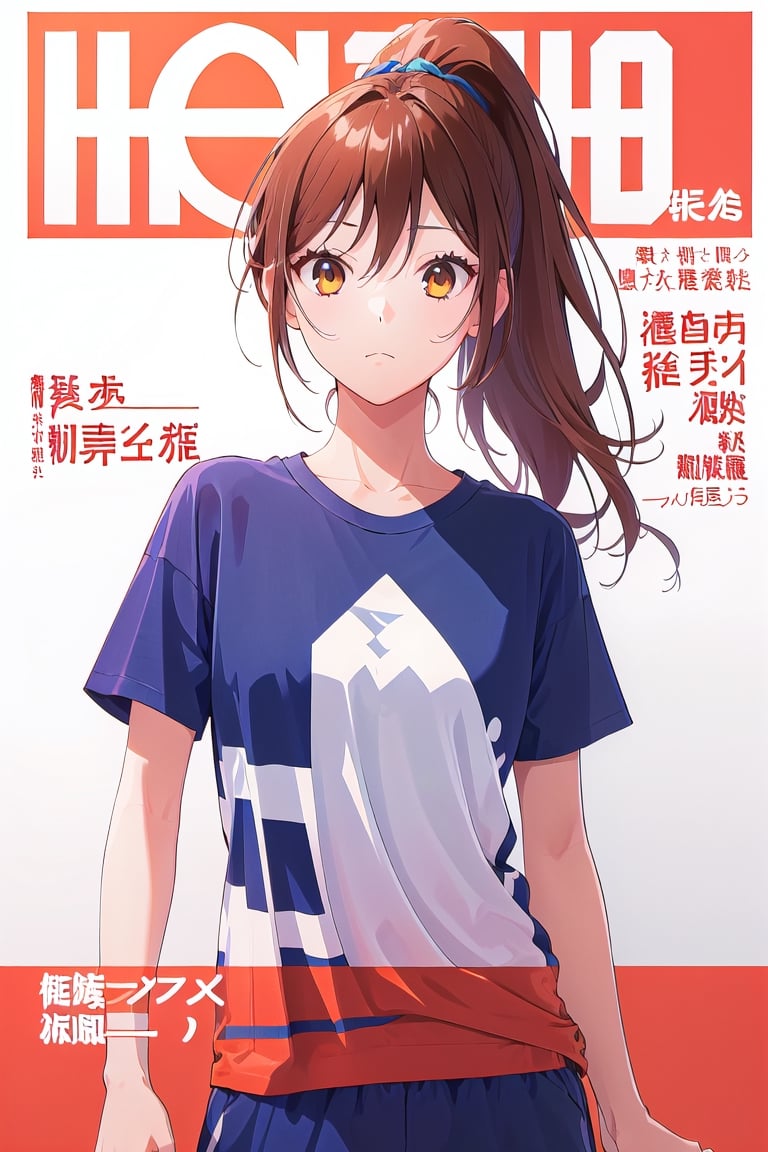 1girl,hori kyouko,25 years old,ponytail, sportswear, t-shirt, short,
looking_at_viewer, 
serious, modeling pose, modeling,photostudio, ,magazine cover, foreground face,
showing her outfit