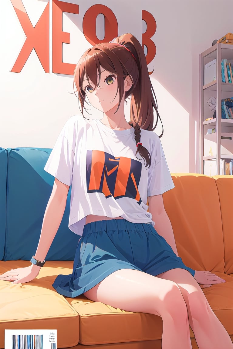 1girl,hori kyouko,25 years old,ponytail, sportswear, t-shirt, short,
looking_at_viewer, 
serious, modeling pose, modeling,photostudio, ,magazine cover,
showing her outfit, sitting, leg on sofa