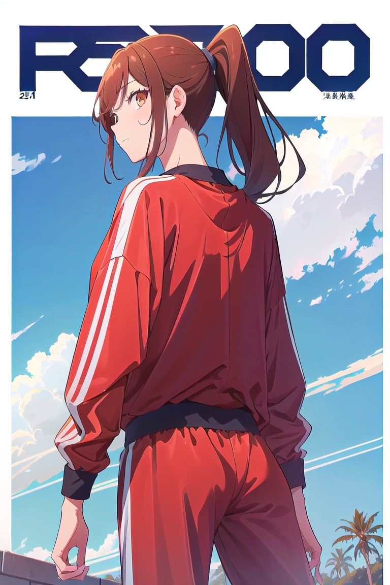 1girl,hori kyouko,25 years old,ponytail, sportswear, track suit,
looking_at_viewer, from behind,
serious, modeling pose, modeling,photostudio, ,magazine cover,
showing her outfit, 