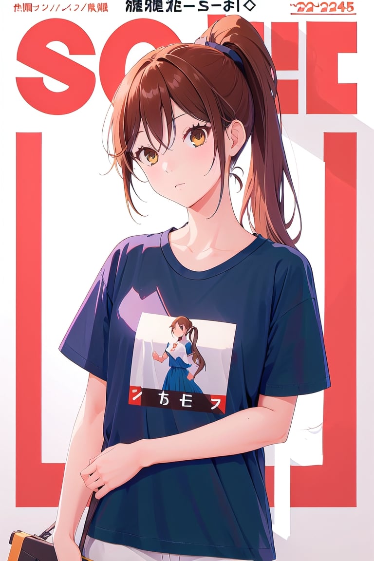 1girl,hori kyouko,25 years old,ponytail, sport t-shirt, sport short, 
looking_at_camera, serious, modeling pose, modeling,photostudio, ,magazine cover,view from the chest up, foreground