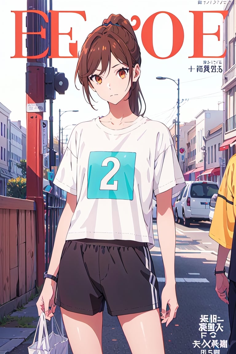 1girl,25 years old,ponytail, sportswear, 
large t-shirt, short,
looking_at_viewer,no shadow,
serious, modeling pose, modeling, ,magazine cover,
showing her outfit, ,horimiya_hori, brown eyes
