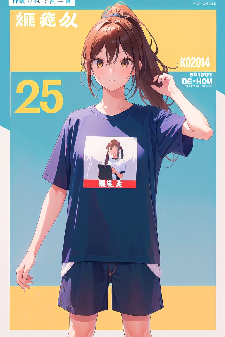 1girl,hori kyouko,25 years old,ponytail, sport t-shirt, sport short, 
looking_at_camera, serious, modeling pose, modeling,photostudio, ,magazine cover,view from the chest up, foreground,
showing her outfit