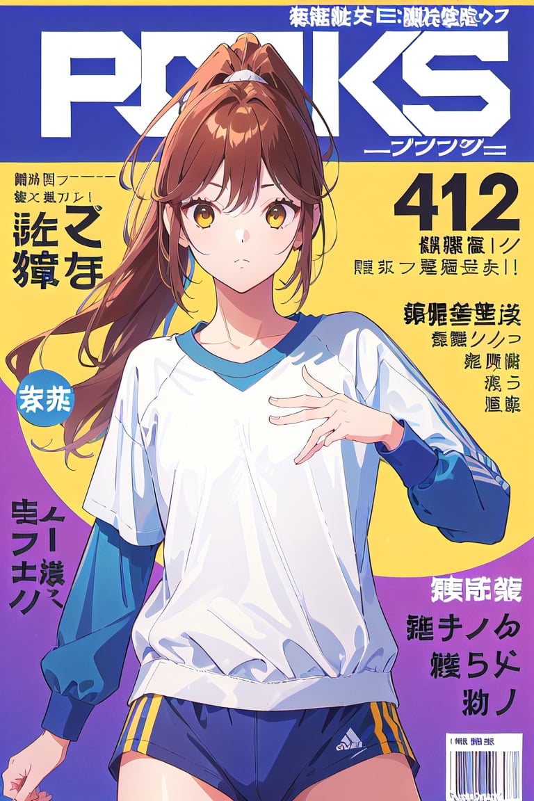1girl,hori kyouko,25 years old,ponytail, sportswear, long sleeve sports t-shirt, short,
looking_at_viewer,
serious, modeling pose, modeling,photostudio, ,magazine cover,
showing her outfit, 
