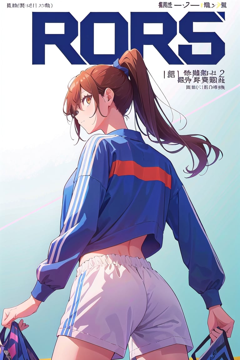 1girl,hori kyouko,25 years old,ponytail, sportswear, track suit,
looking_at_viewer, from behind,
serious, modeling pose, modeling,photostudio, ,magazine cover,
showing her outfit, 