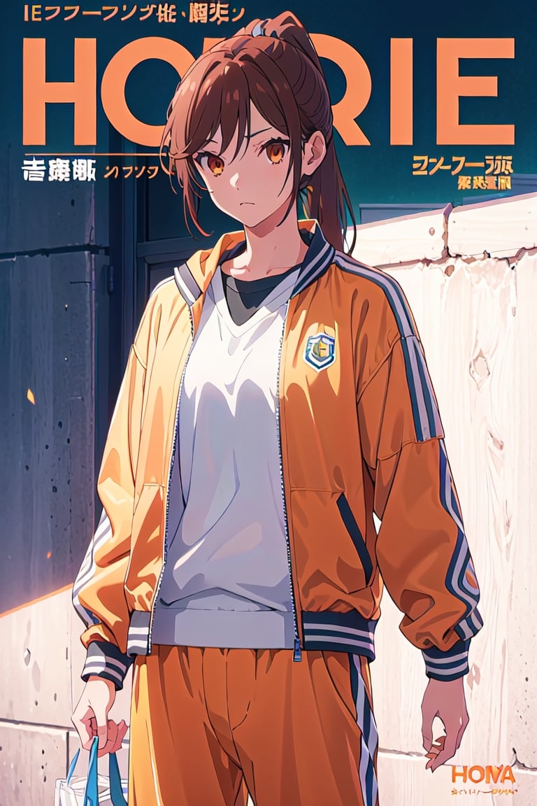 1girl,25 years old,ponytail, sportswear, 
large sports suit, jacket, piluso,
looking_at_viewer,no shadow,
serious, modeling pose, modeling, ,magazine cover,
showing her outfit, ,horimiya_hori, brown eyes