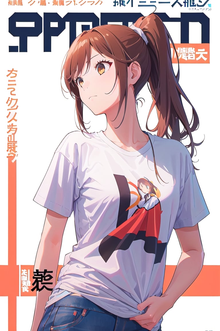 1girl,hori kyouko,25 years old,ponytail, sport t-shirt, sport short, 
looking_at_camera, serious, modeling pose, modeling,photostudio, ,magazine cover,view from the chest up