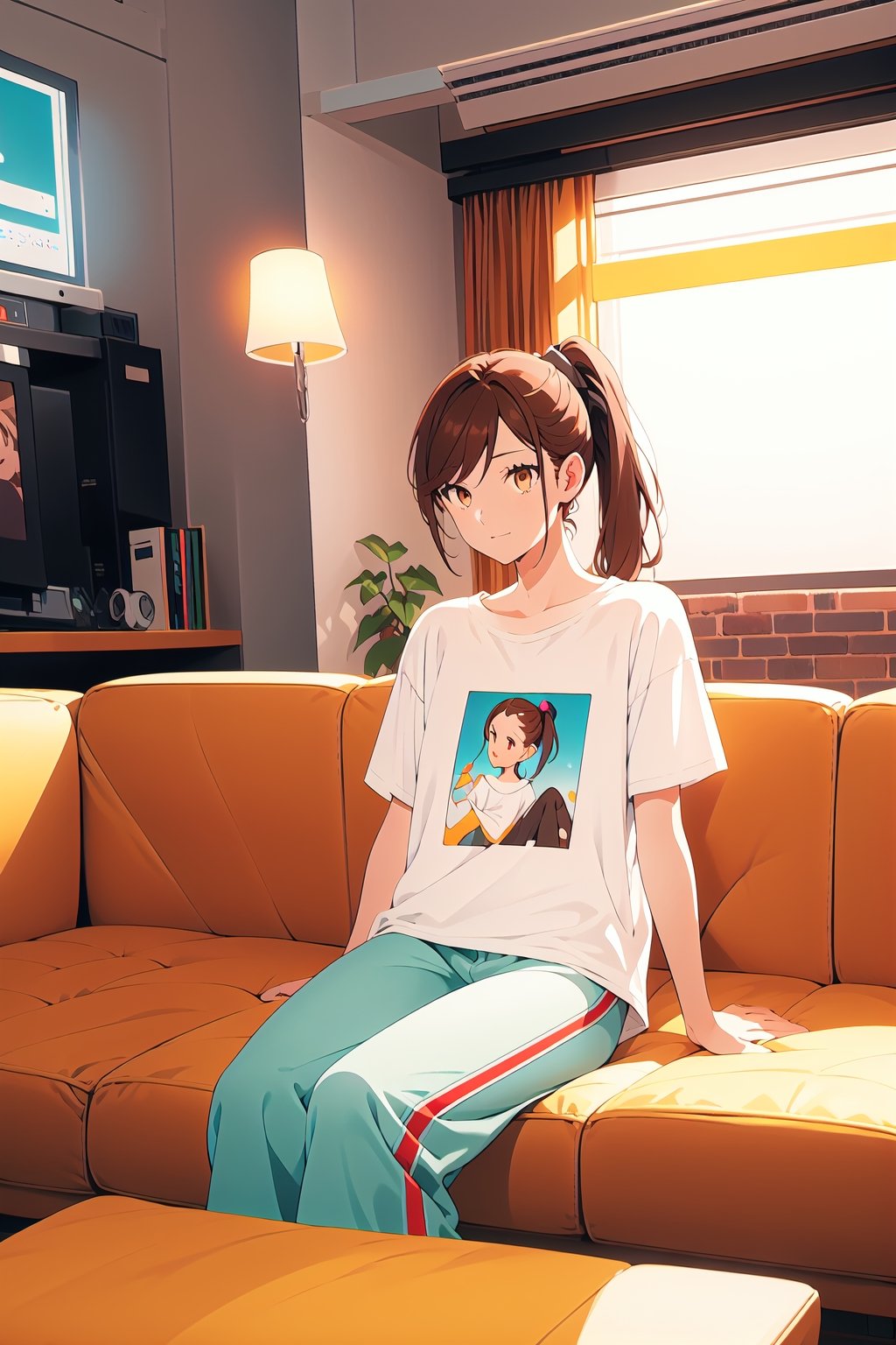 1girl,25 years old,ponytail,brown eyes,brown hair,portrait,oversized white t-shirt, vintage pant,illustration,fcloseup,rgbcolor, full_body, sitting, vintage sofa,front view, looking_at_viewer, smug look,photostudio,emotion,body looking forward, midnight