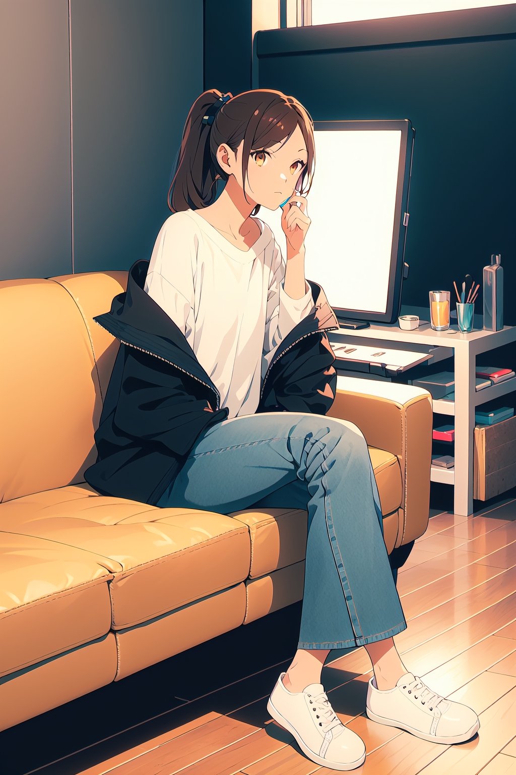1girl,25 years old,ponytail,brown eyes,brown hair,portrait,jacket,jacket off shoulders,oversized white shirt,big oversized jeans, school shoes,illustration,fcloseup,rgbcolor, full_body, sitting, vintage sofa,front view, looking_at_viewer, smug look,photostudio,emotion,body looking forward, midnight, make-up, lipstick, relax