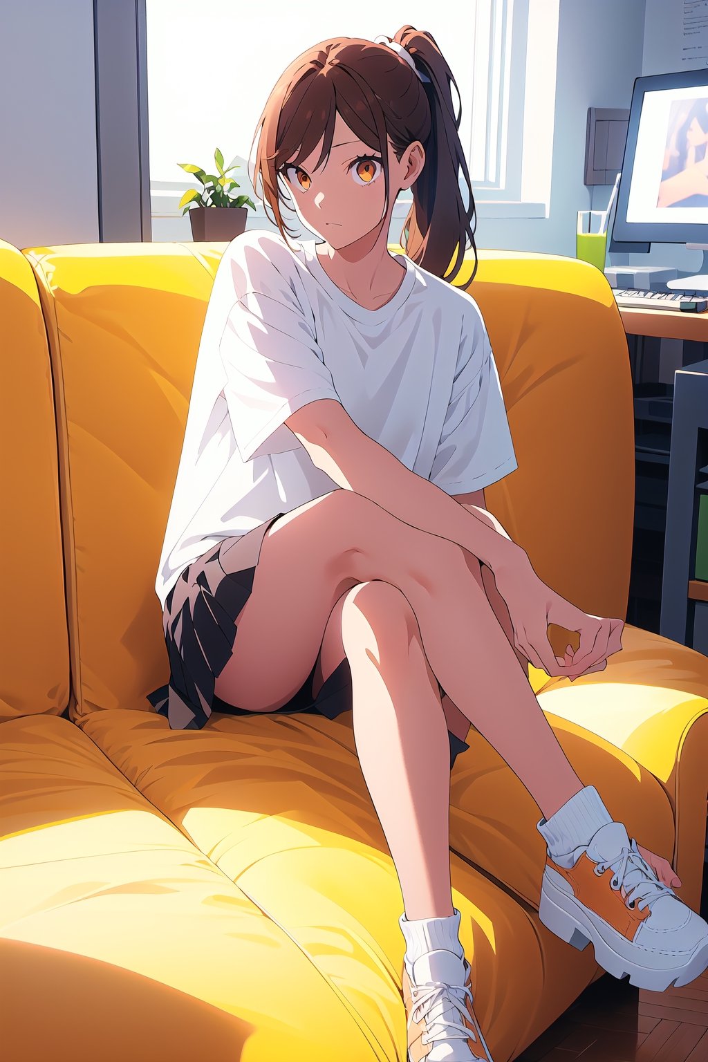 1girl,25 years old,ponytail,brown eyes,brown hair,portrait, white oversized sportswear,white t-shirt, miniskirt,big thights,crossed legs,illustration,fcloseup,rgbcolor, full_body, sitting, vintage sofa,front view, looking_at_viewer, smug look,photostudio,emotion,body looking forward, midnight