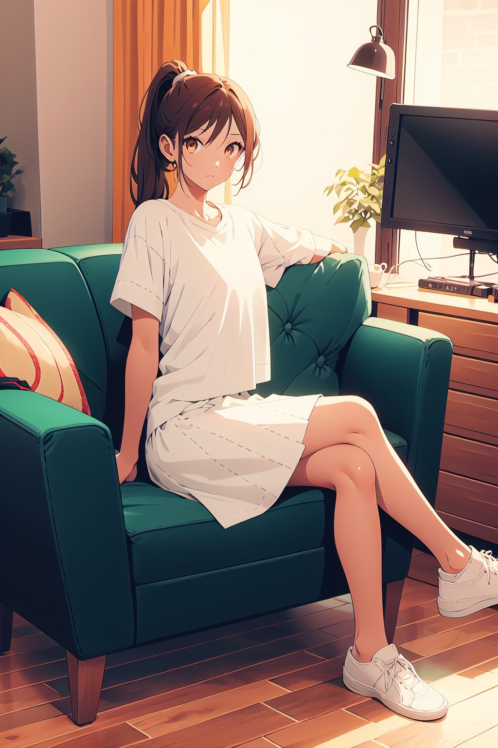 1girl,25 years old,ponytail,brown eyes,brown hair,portrait, white sportswear,white t-shirt, vintage skirt,big thights,crossed legs,illustration,fcloseup,rgbcolor, full_body, sitting, vintage sofa,front view, looking_at_viewer, smug look,photostudio,emotion,body looking forward, midnight
