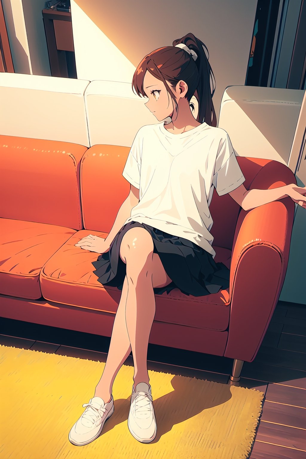 1girl,25 years old,ponytail,brown eyes,brown hair,portrait, white sportswear,white t-shirt, vintage skirt,thights,crossed legs,illustration,fcloseup,rgbcolor, full_body, sitting, vintage sofa,front view, looking_at_viewer, smug look,photostudio,emotion,body looking forward, midnight