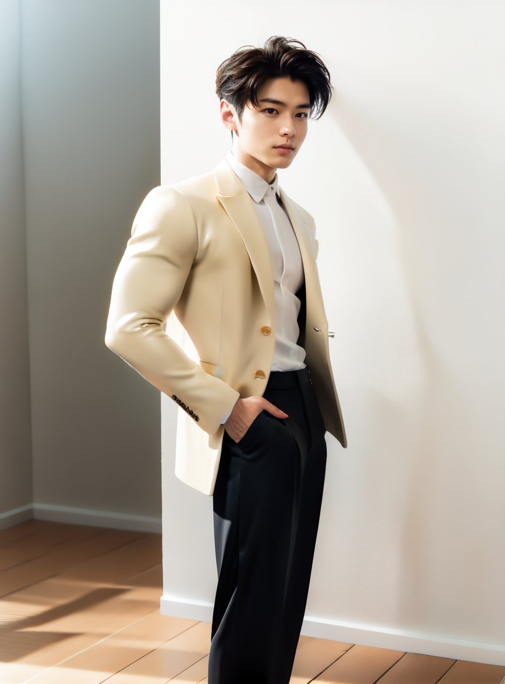 A mesmerizing male ((35 year old)) model with thick black hair and caramel highlights, his features is a mix of Chinese and Korean, ((Cha Eun-woo:0.5),  (Xiao Zhan:0.5)), prominent dimples on his cheeks, full intense pouty lips, light grey blue eyes, sharp nose, high cheekbones, defined jawline, smiling playfully towards the camera, in white dress shirt and black dress pants, business suit ((full body profile)), ethereal dreamy foggy, photoshoot by Annie Leibovitz, editorial Fashion Magazine photoshoot, fashion poses, office space with leather couches, mahogany desk, High detail, high quality, 8k, Kinfolk Magazine. Film Grain. a soft smile. Kodak gold 400,Extremely Realistic,realhands, ((copy Xiao Zhan model poses)), Masterpiece, Cha Eun Woo, athletic_male, toned_male