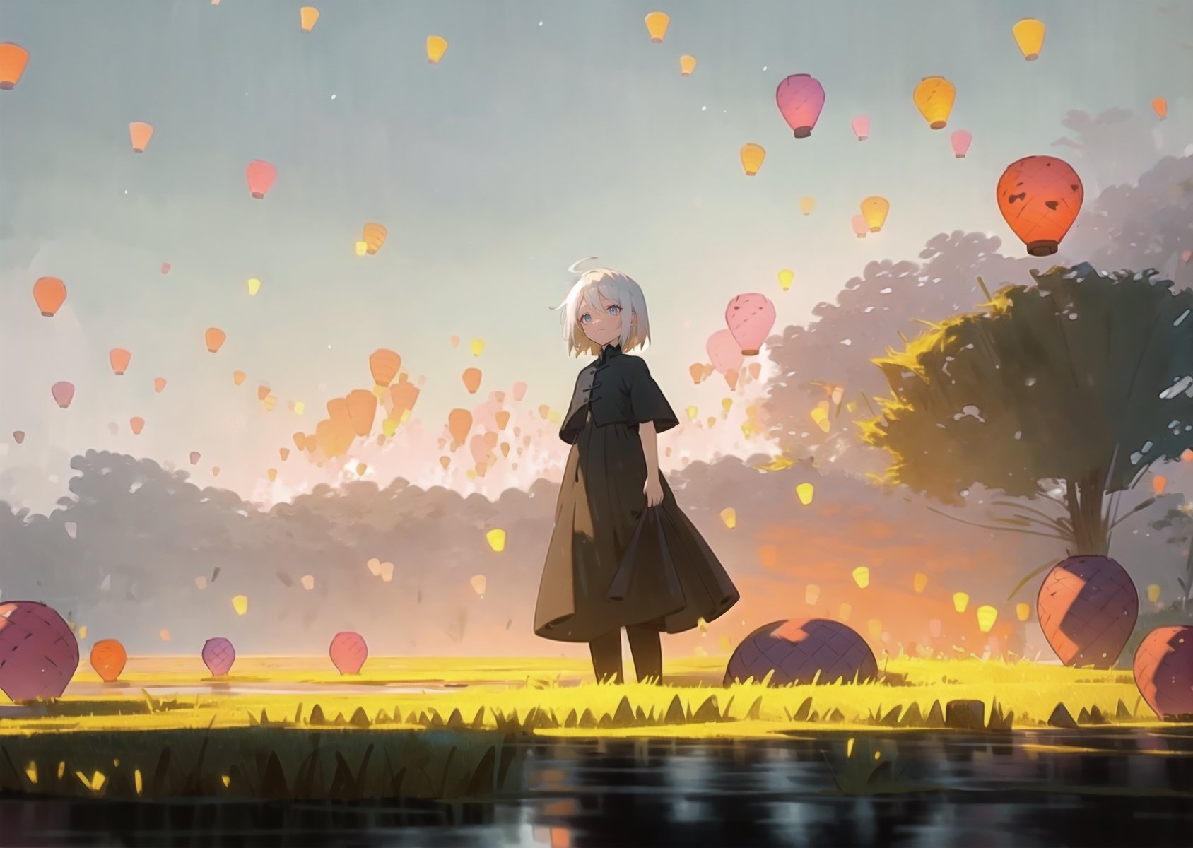  (masterpiece, best quality), (8k wallpaper), (detailed illustration), (super fine illustration), (professional lighting), 
women, shor hair, white hair, 
pianist, background, sad_face, short hair, grass landscape background, women, sky lantern,breakdomain,pastelbg,swamp,guiltys