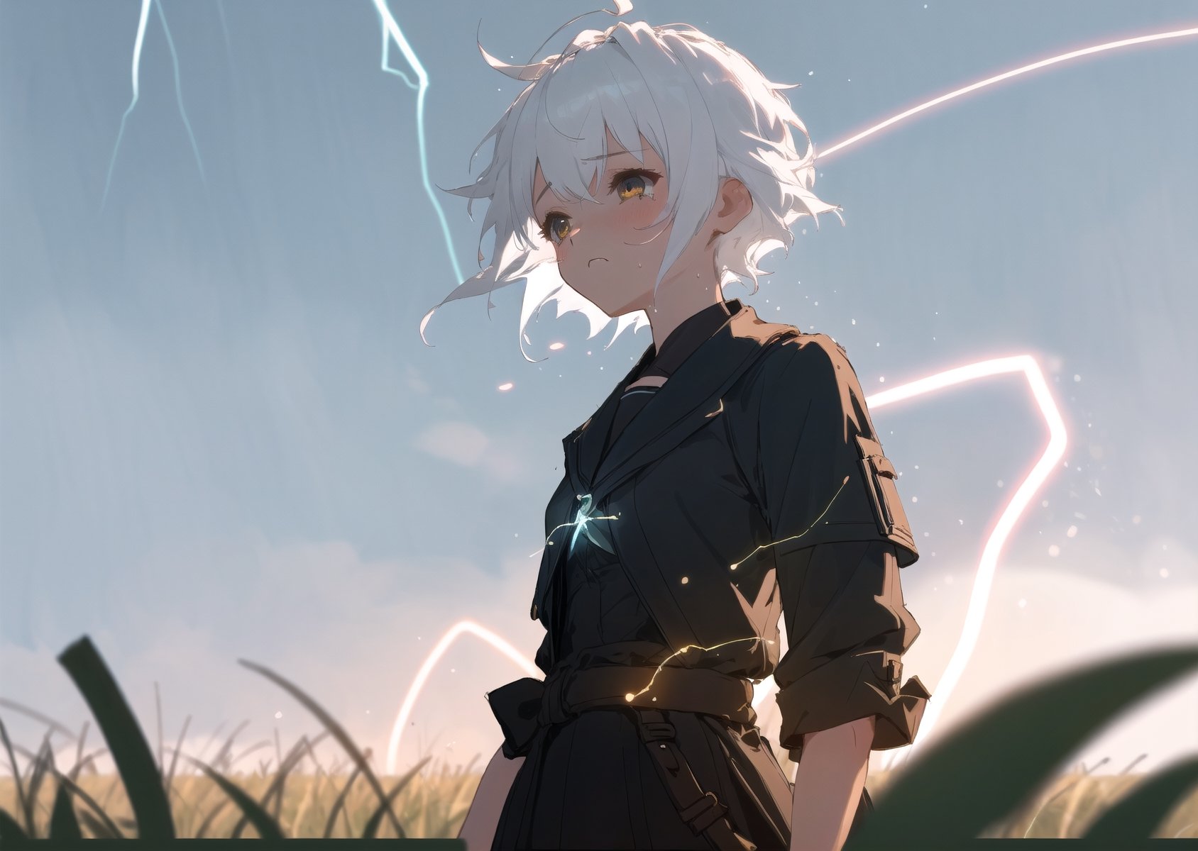 guiltys, sad_face, a girl, white hair, upper body, deal with it, (bokeh:1.1), depth of field, tracers, vfx, splashes, lightning, light particles, electric, white background, short hair,  grass landscape background, a girl in the distance, women
