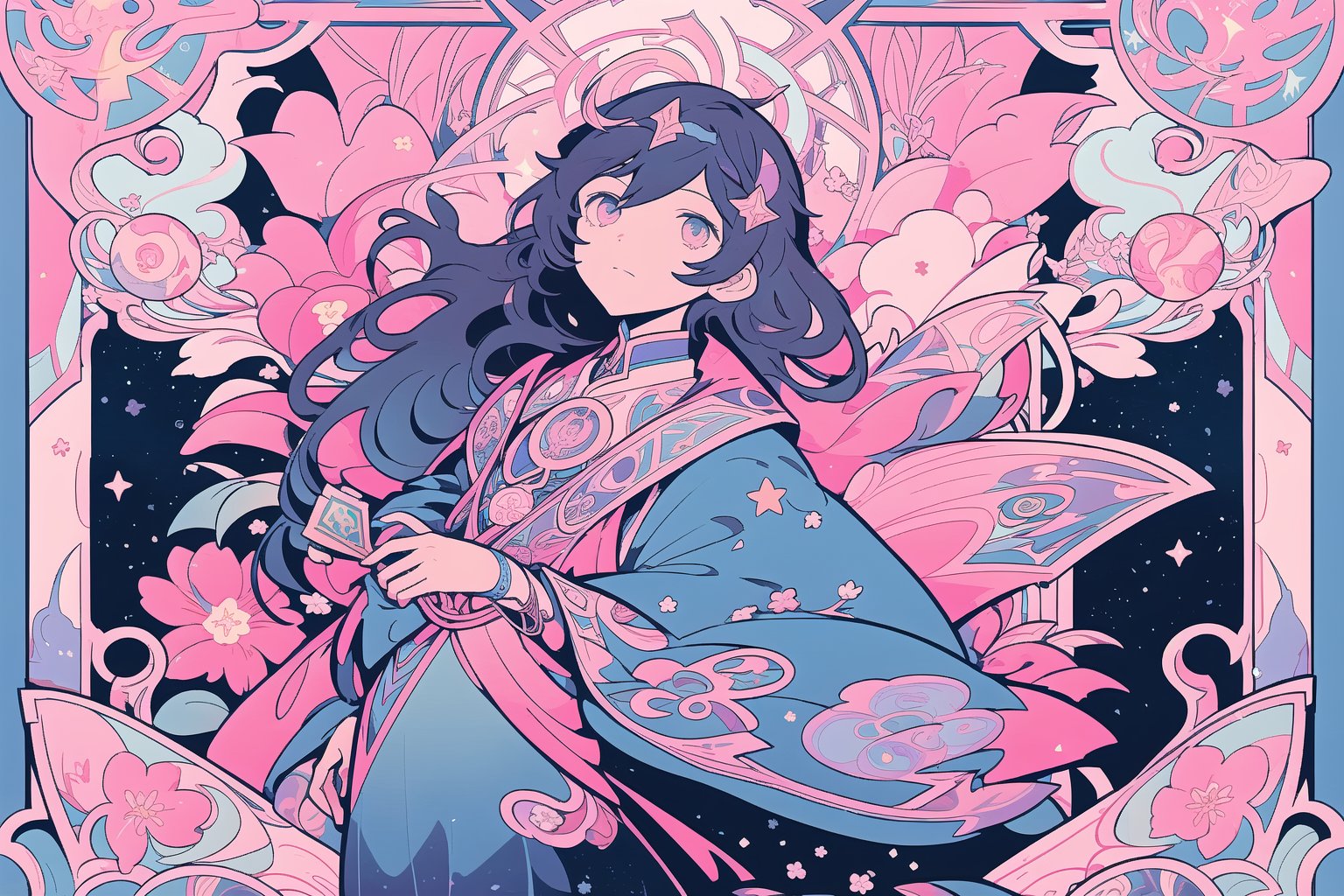 (alfonse mucha tarot), (art noveau style), borders, banner, ((no person, no character) wellcoming to a world, (anime style), (perfect shapes) ultra high quality, pink colors and blue colors, but a lil bit other colors, dark, night, (moon on the side), flowers, stars, portrait