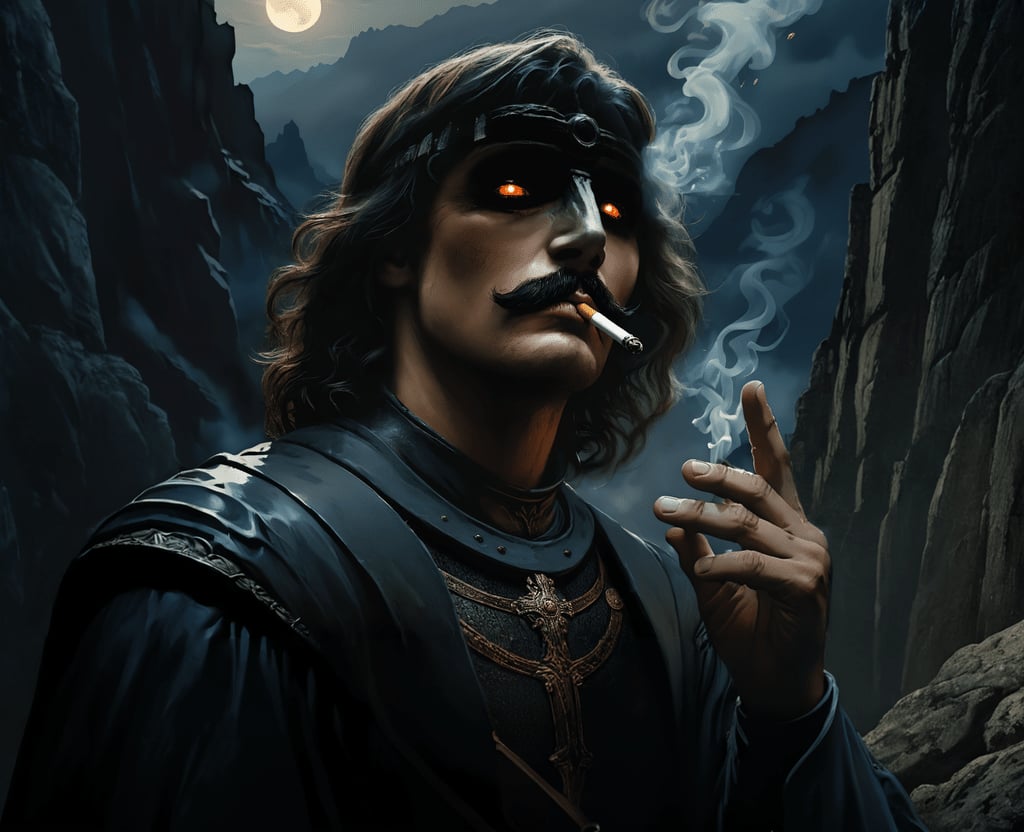high quality, nodf_xl, xl_cpscavred, long mustache, wavy long hair, mouth hold, cigarette, smoking, solo, close up,
1 titan, closed mouth, rocky mountain, Medieval era, dystopian, dark, hazy, nighttime
